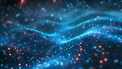 Leinwandbilder - Abstract image of blue and orange glowing particles forming a wavy pattern against a dark background.