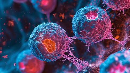 Cancer cell. Oncology research structure mutation, somatic cell of body. genetic predisposition. Neoplasms, cancerous disease, malignant tumour, Danger fear the unknown, biology medicine dna immune.