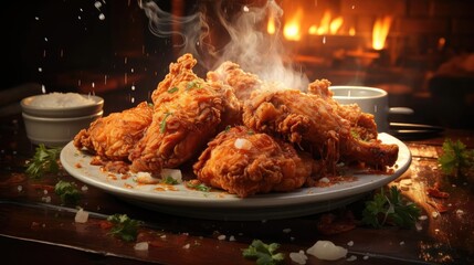 Wall Mural - Delicious fried chicken with sweet and sour sauce on a wooden table with a blurred background