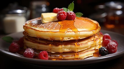 Wall Mural - Close-Up of pile of pancakes with melted sweet syrup and fruit toppings with a blurred background