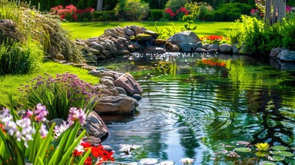 Wall Mural - Capture a serene garden in summer, with lush greenery, blooming flowers, and a peaceful pond reflecting the vivid colors of nature.