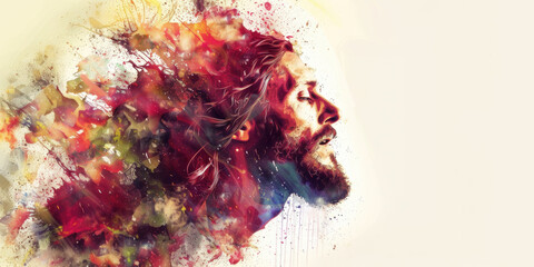 Wall Mural - Double exposure portrait of Jesus Christ and colorful watercolor painting.