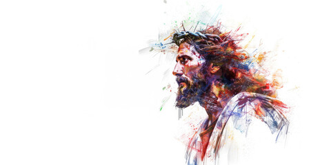 Sticker - Portrait of Jesus Christ with colorful paint splashes on white background. Copy space.