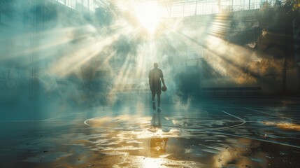 Sticker - A man is walking on a wet basketball court with a basketball in his hand