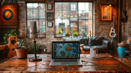 Poster - this modern recording studio with a laptop, microphone, and plants.