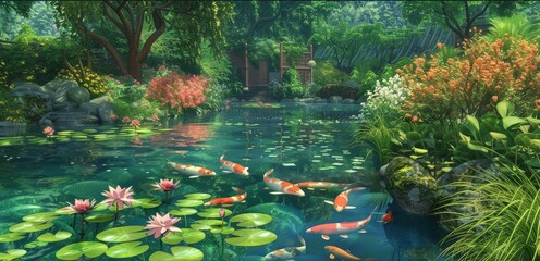 Poster - Capture the beauty of a serene garden in summer, with lush greenery, blooming flowers, and a tranquil pond with lily pads and koi fish.