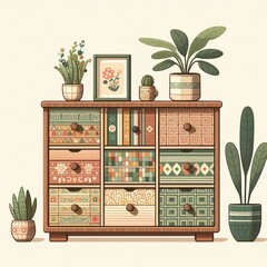 Wall Mural - Vintage wooden cabinet with drawers and shelves, ideal for home storage and interior design