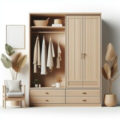 Wall Mural - A 3D illustration of a wooden wardrobe with shelves and storage in a home or office