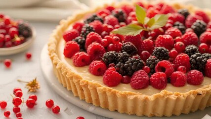 Wall Mural - A tangy and refreshing tart filled with freshly picked foraged fruits from succulent wild raspberries to tart red currants and tangy blackberries.