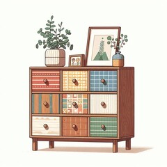 Wall Mural - Vintage wooden cabinet with drawers and shelves, ideal for home storage and interior design