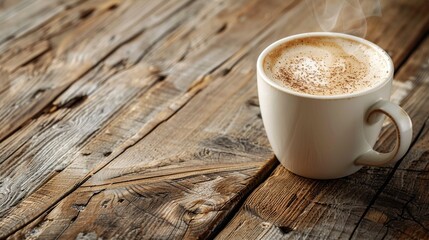 Wall Mural - A steaming cup of cappuccino on rustic wooden table