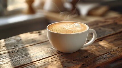 Wall Mural - A steaming cup of coffee on a wooden table