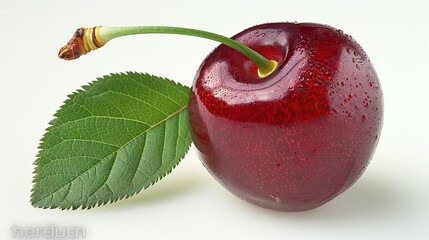 Wall Mural - Close Up of a Shiny Red Cherry with a Green Leaf