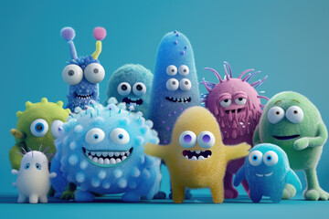 Wall Mural - A group of cute, animated bacteria characters standing together on an isolated blue background