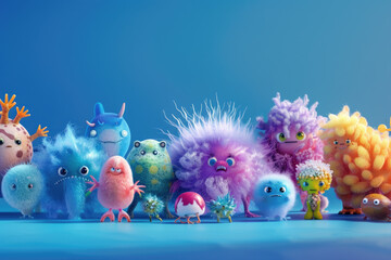 Wall Mural - A group of cute, animated bacteria characters standing together on an isolated blue background