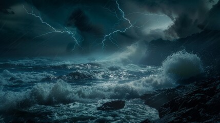 Wall Mural - Capture the dynamic energy of a stormy sea, with dark, tumultuous waves crashing against a rocky shore, and lightning illuminating the sky.