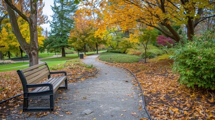 Wall Mural - Capture the essence of a peaceful autumn park, with golden leaves, a quiet bench, and a winding path leading through the vibrant foliage.