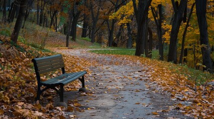 Wall Mural - Capture the essence of a peaceful autumn park, with golden leaves, a quiet bench, and a winding path leading through the vibrant foliage.