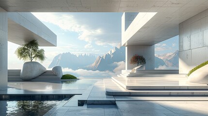 Fototapete - A futuristic 3D render showcasing a surreal and minimalistic architectural scene with abstract geometric forms and structures.
