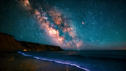 A stunning view of the Milky Way galaxy over a beach at night, with dark cliffs in the foreground and a calm ocean in the distance.