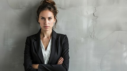 Poster - Capture the essence of a stern businesswoman in a formal suit, her expression unyielding, her posture rigid, standing against a stark, minimalist backdrop to convey her no-nonsense attitude.