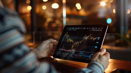 Poster - A digital tablet displaying a rising stock graph with a golden overlay, held by a businessperson in a modern office setting.