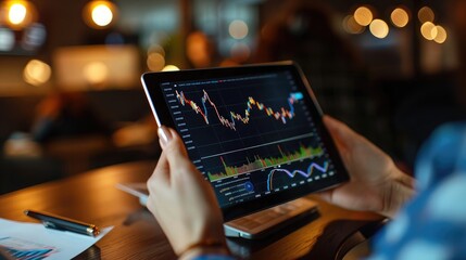 Poster - A digital tablet displaying a rising stock graph with a golden overlay, held by a businessperson in a modern office setting.