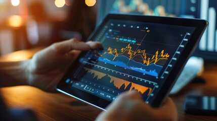 Poster - A digital tablet displaying a rising stock graph with a golden overlay, held by a businessperson in a modern office setting.