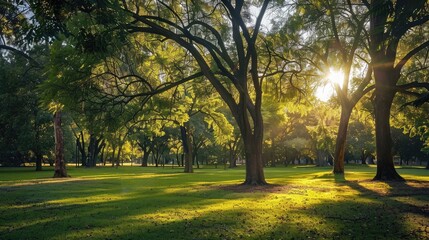 Wall Mural - Morning light filtering through the trees in a serene public park setting