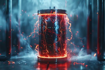 Poster - Futuristic battery power concept with sparks and energy lighting up a high-tech cylindrical container in a misty environment.