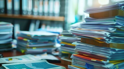 Poster - Several stacks of financial documents and charts on a desk in a corporate office