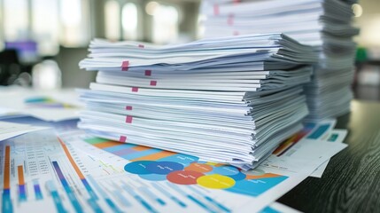 Poster - Several stacks of financial documents and charts on a desk in a corporate office