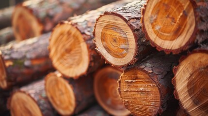 Close-up stack of logs with details of growth rings ready for transport or processing. Concept of deforestation.