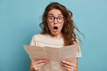 Wall Mural - A woman with glasses is reading a newspaper and has an open mouth. She is surprised or shocked by the content of the paper