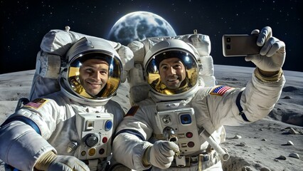two lunar astronauts take a selfie on the surface of the moon