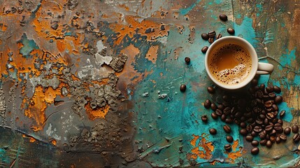 Wall Mural - Coffee Beans and Cup on Rustic Background