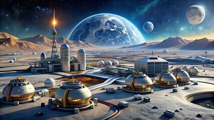 panorama of a moon base with futuristic buildings