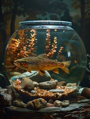 Wall Mural - A fish in a bowl with rocks and water.