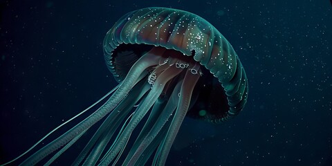 Wall Mural - A jellyfish is swimming in the dark ocean.