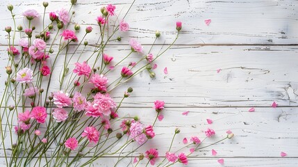 Gift floral concept with pink flowers on a white rustic wooden background. Bouquet of pink garden small cloves. Top view.