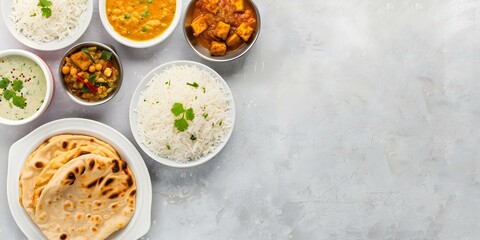 Poster - Indian Cuisine Spread Top View of Rice, Roti, Paneer, and Dal on Table. Concept Food Photography, Indian Cuisine, Top View, Meal Presentation, Dining Table Setup