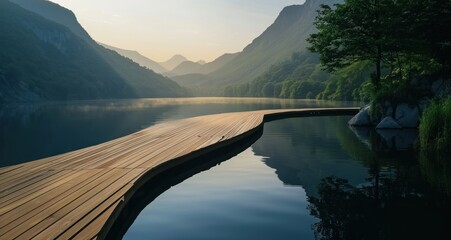 Wall Mural - Serene mountain lake at sunrise with a wooden pier. Tranquil nature scene for relaxation, meditation, and escape.