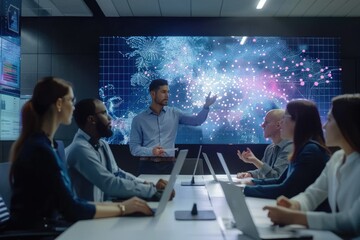 Poster - diverse team of professionals collaborating in a modern office meeting room with a presentation scre