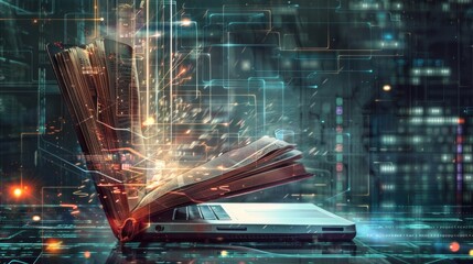 Open book with glowing pages on laptop keyboard, symbolizing digital knowledge, online education, and e-learning in the digital age.