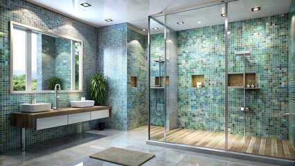 3d rendering of a mosaic shower room