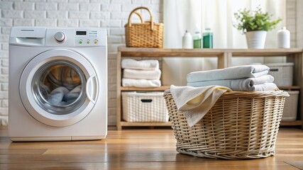 Laundry Room Interior with White Washing Machine and Woven Laundry Basket - A white washing machine in a modern bathroom interior, with a wicker laundry basket filled with freshly laundered towels. - 