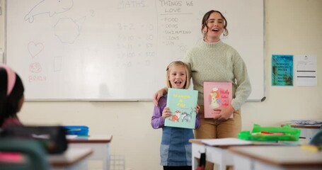 Poster - Teacher, student or child for presentation in classroom, learning and kindergarten education. Woman, kid and show to talk in class to speak to audience for assessment, speech or development at school