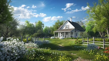 Wall Mural - Create a tranquil scene of a country farmhouse, with blooming gardens, a clear blue sky, and the simplicity of rural life.