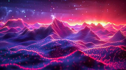 Poster - Luminous Geometric Landscape An abstract digital artwork featuring an interconnected web of glowing fluorescent lines shimmering prismatic shapes and fractalized mountain terrain