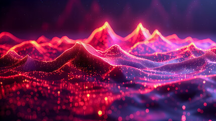 Poster - Luminous Geometric Landscape A Captivating Dreamscape of Interconnected Lines and Prismatic Peaks  Glowing neon lit terrain with shimmering fractalized cinematic a retrofuturistic backdrop